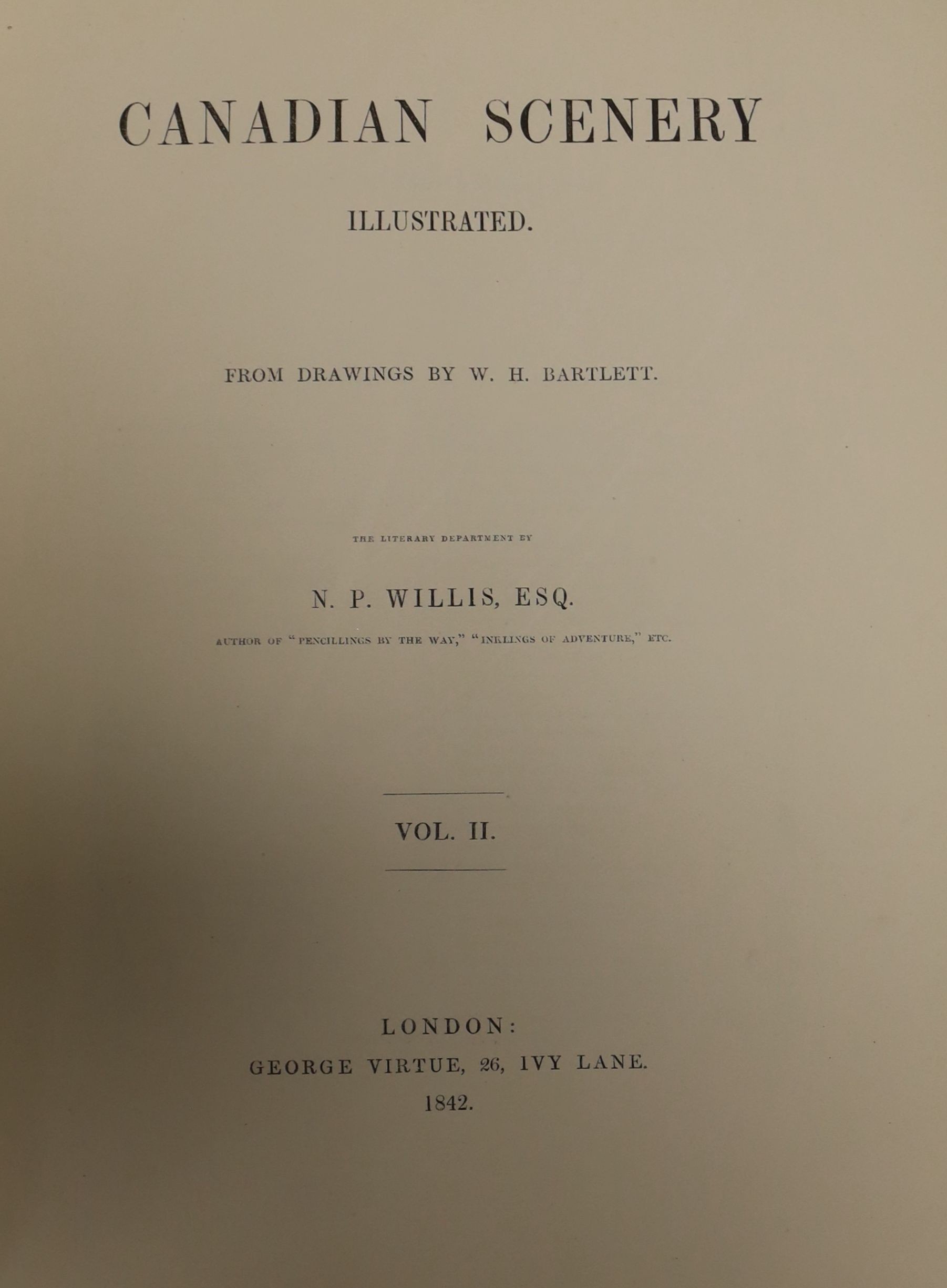 Willis, N.P. Canadian Scenery Illustrated. vol ii only (of 2), pictorial engraved and printed titles, 62 steel engraved plates; publisher's half morocco and cloth, g.e., folio. 1842